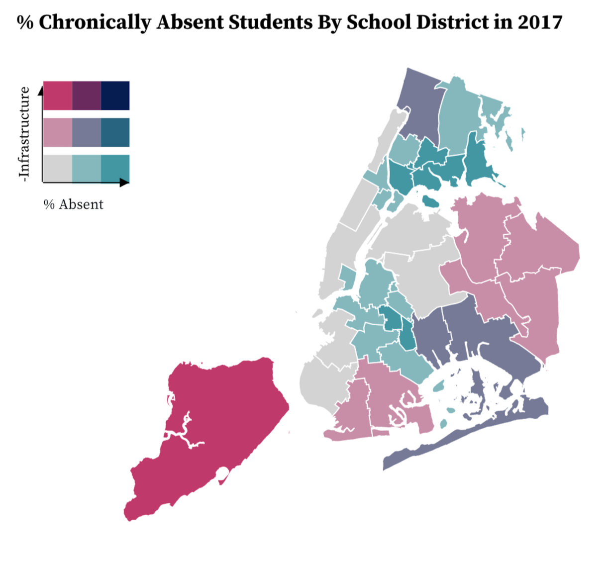 Map of NYC school districts showing Chronic Absenteeism rates and lack of infrastructure in the corresponding neighborhood.