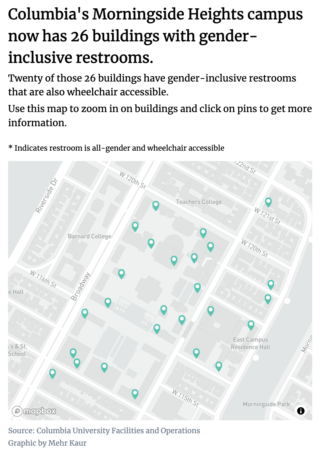 Map of gender neutral bathrooms on Columbia's campus